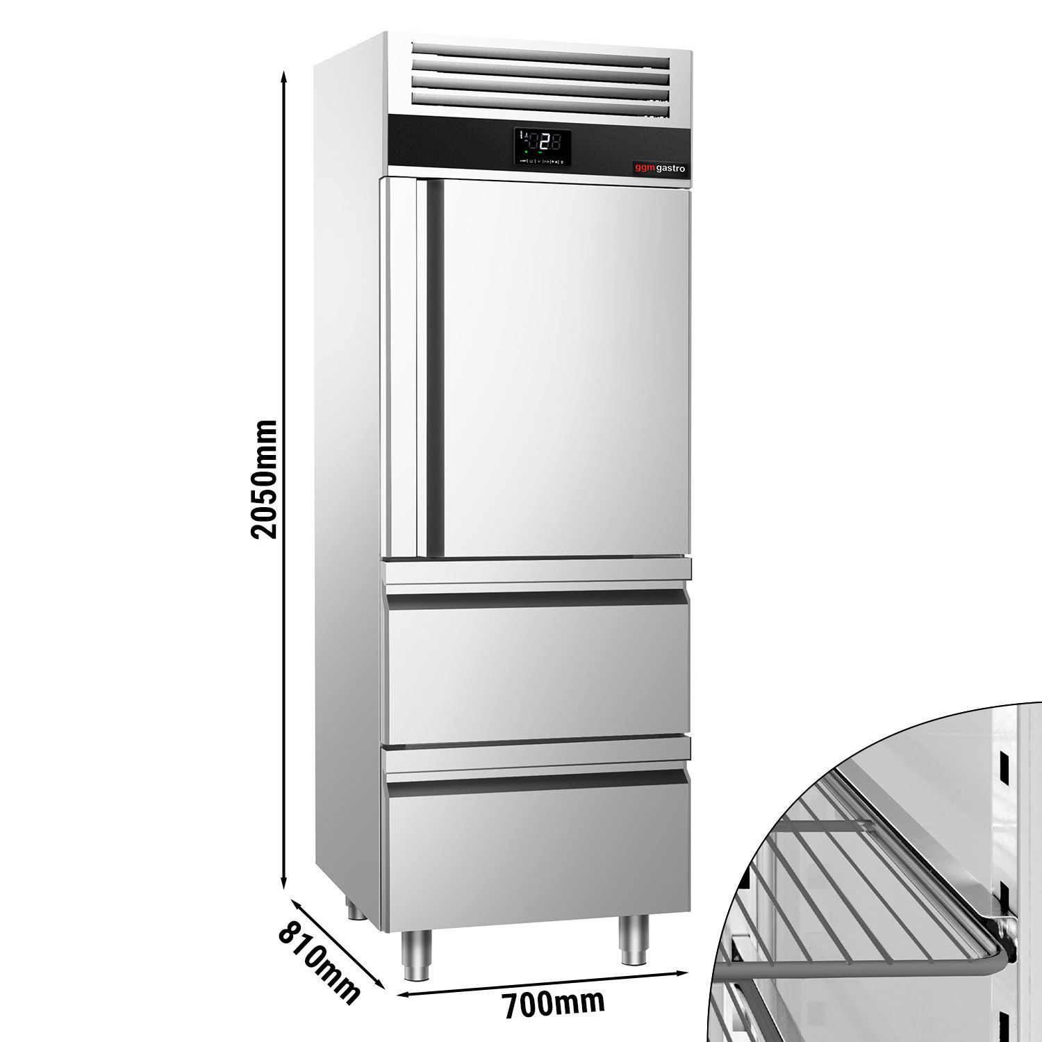 Kühlschrank PREMIUM - GN 2/1 - 700 Liter - mit 1 Edelstahlhalbtür & 2 Schubladen