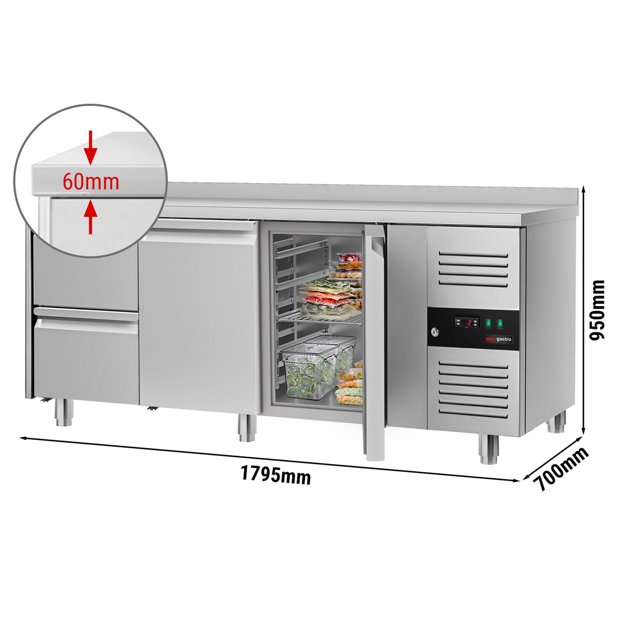 Kühltisch ECO - 1800x700mm - mit 2 Türen & 2 Schubladen & mit Aufkantung