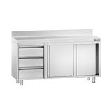 Edelstahl Arbeitsschrank PREMIUM - 1400x600mm - mit 3 Schubladen links & Aufkantung