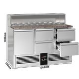 Saladette Premium - 1368mm - Edelstahlaufsatz für 8x GN 1/6 - 1 Tür & 4 Schubladen