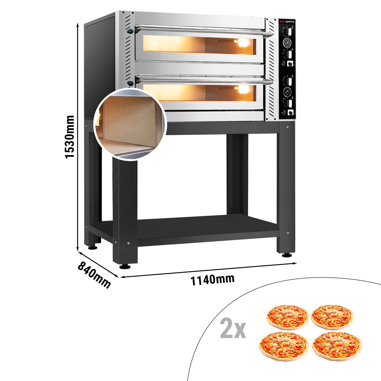four à pizza électrique gamme XL Premium dessus et sol en pierre réfractaire,  avec ses deux niveaux et sa capacité de 2x6 pizzas