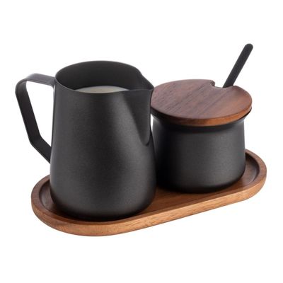 (6 Stück) Milch und Zucker Set - Edelstahl - inkl. Akazienholzständer