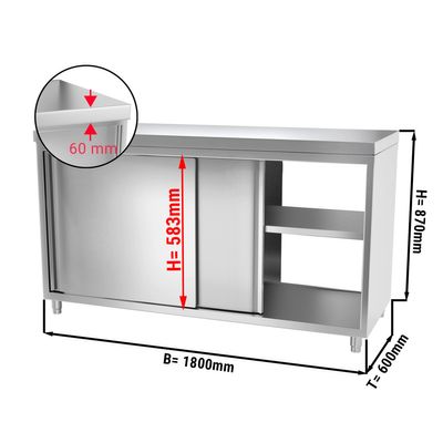 PREMIUM - خزانة عمل من الفولاذ المقاوم للصدأ مع فتحة - 1,8 م