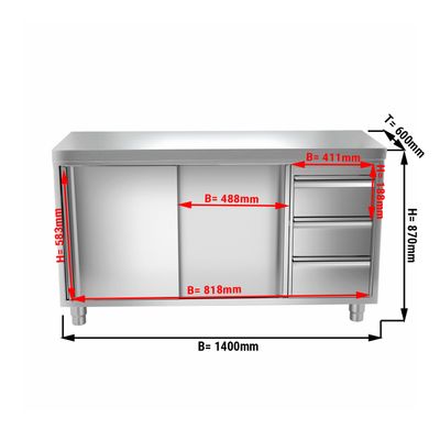 Stainless steel work cabinet PREMIUM - 1400x600mm - with 3 drawers on the right without backsplash