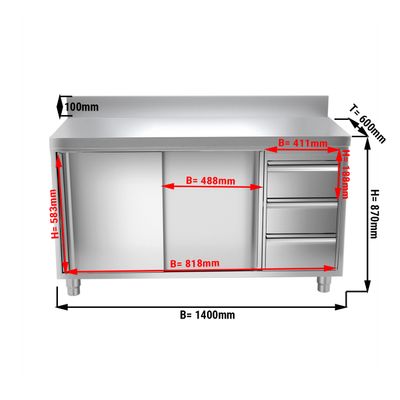 Stainless steel work cabinet PREMIUM - 1400x600mm - with 3 drawers on the right & backsplash