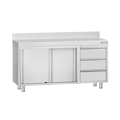 Edelstahl Arbeitsschrank ECO - 1400x700mm - mit 3 Schubladen rechts & Aufkantung