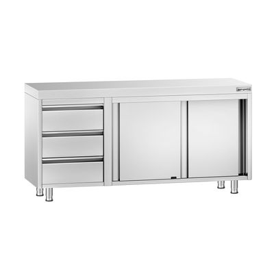 Edelstahl Arbeitsschrank PREMIUM - 1600x600mm - mit 3 Schubladen links ohne Aufkantung