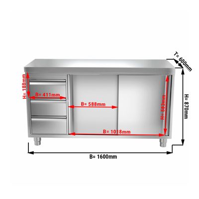 Stainless steel work cabinet PREMIUM - 1600x600mm - with 3 drawers on the left without backsplash