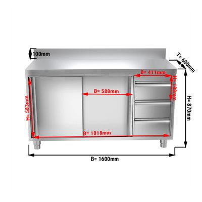 Stainless steel work cabinet PREMIUM - 1600x600mm - with 3 drawers on the right & backsplash