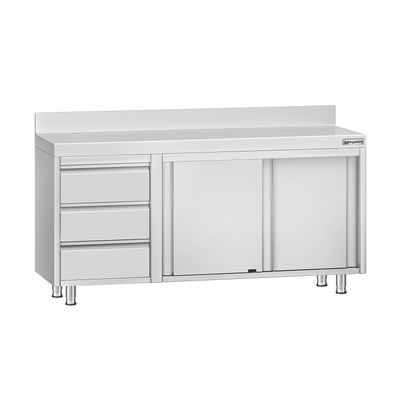 Edelstahl Arbeitsschrank ECO - 1600x700mm - mit 3 Schubladen links & Aufkantung