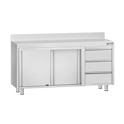 Edelstahl Arbeitsschrank ECO - 1600x700mm - mit 3 Schubladen rechts & Aufkantung