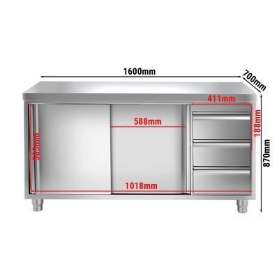 PREMIUM - خزانة عمل من الفولاذ المقاوم للصدأ - 700×1600 مم - مع 3 أدراج على اليمين وبدون مسند علوي