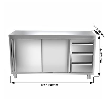 Kuhinjski radni pult od nehrđajućeg čelika PREMIUM - 1800x600 mm - Sa 3 ladice na desnoj strani, bez poleđine