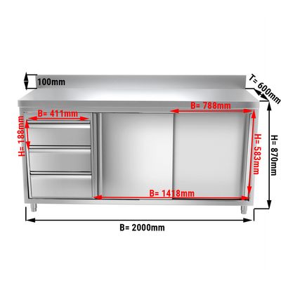 Stainless steel work cabinet PREMIUM - 2000x600mm - with 3 drawers left & backsplash