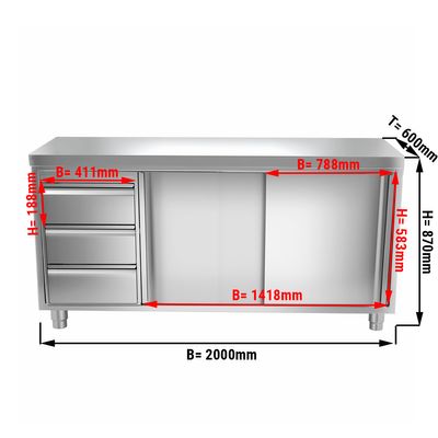Kuhinjski radni pult od nehrđajućeg čelika PREMIUM - 2000x600 mm - Sa 3 ladice na lijevoj strani, bez poleđine 