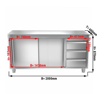 Armoire de travail en inox PREMIUM - 2000x600mm - avec 3 tiroirs à droite sans rebord	