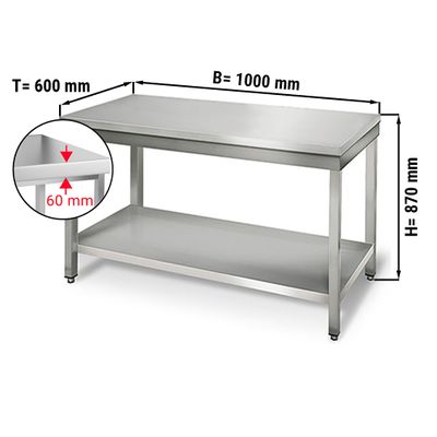 Radni stol od plemenitog čelika ECO - 1000x600 mm - sa Donjom pločom, bez Poleđine 