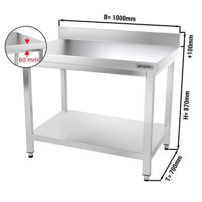 Виробничий стіл PREMIUM з нержавіючої сталі - 1000x700 мм - з нижньою полицею та бортиком