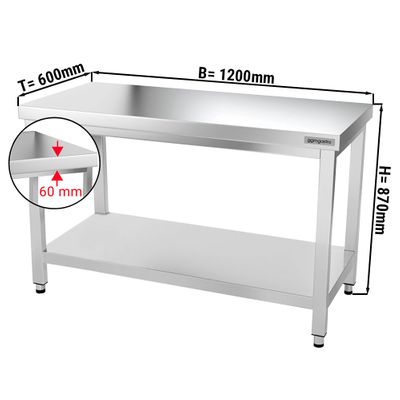 PREMIUM - طاولة عمل من الفولاذ المقاوم للصدأ - 600×1200 مم - مع رف سفلي بدون مسند علوي