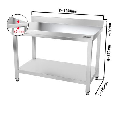 Nehrđajući čelični radni stol PREMIUM | 1200x700 mm | Sa donjom policom & poleđinom