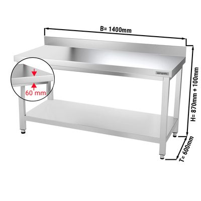 PREMIUM - طاولة عمل من الفولاذ المقاوم للصدأ - 600×1400مم - مع رف سفلي ومسند علوي