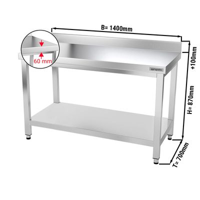 PREMIUM - طاولة عمل من الفولاذ المقاوم للصدأ - 700×1400مم - مع رف سفلي ومسند علوي 