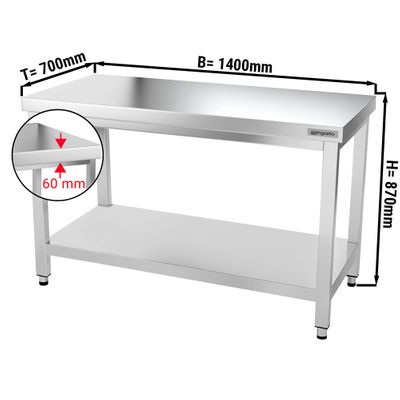 Radni stol od plemenitog čelika PREMIUM - 1400x700 mm - Sa donjom pločom, bez poleđine 