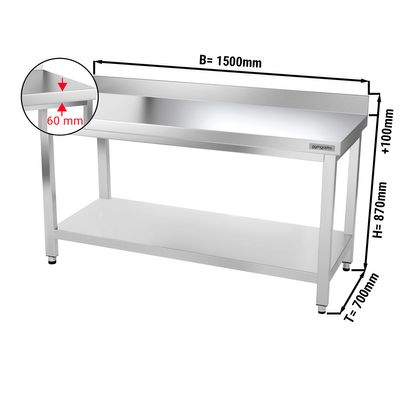 PREMIUM - طاولة عمل من الفولاذ المقاوم للصدأ - 700×1500مم - مع رف سفلي ومسند علوي