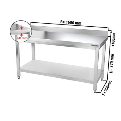 PREMIUM - طاولة عمل من الفولاذ المقاوم للصدأ - 700×1600مم - مع رف سفلي ومسند علوي