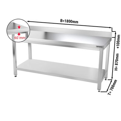 PREMIUM - طاولة عمل من الفولاذ المقاوم للصدأ - 700×1800 مم - مع رف سفلي ومسند علوي