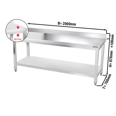 PREMIUM - طاولة عمل من الفولاذ المقاوم للصدأ - 700×2000 مم - مع رف سفلي ومسند علوي 