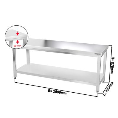 Stainless steel work table PREMIUM - 2000x800mm - with undershelf without backsplash