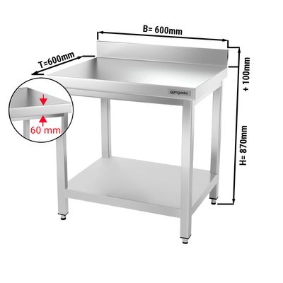 PREMIUM - طاولة عمل من الفولاذ المقاوم للصدأ - 600×600 مم - مع رف سفلي ومسند علوي