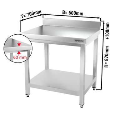 Radni stol od plemenitog čelika PREMIUM - 600x700 mm - sa Donjom pločom & Poleđinom 