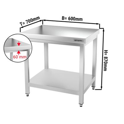 Radni stol od plemenitog čelika PREMIUM - 600x700 mm - Sa donjom pločom, bez poleđine 