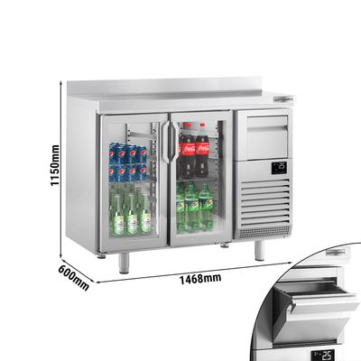 Bar & Dranken koelwerkbank PREMIUM PLUS - 1470x600mm - met 2 glazen deuren, achterwand & klopper voor koffie
