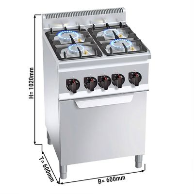 Gas stove with 4 burners  (19 kW) + Gas oven (3,5 kW)