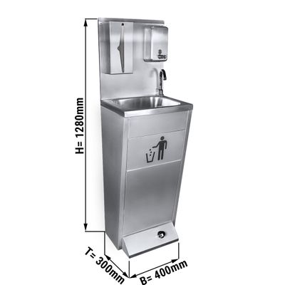 Stainless steel hand wash basin / wash station with foot control, paper & soap dispenser