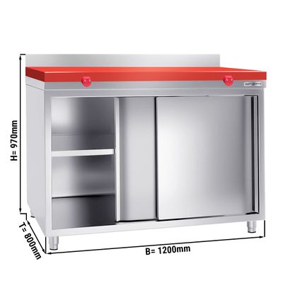 Radni ormarić od nehrđajućeg čelika - 1200 mm - Sa kliznim vratima & poleđinom uklj. ploču za rezanje crvene boje