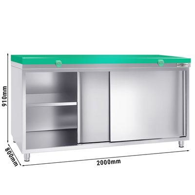 Radni kuhinjski kabinet od nehrđajućeg čelika PREMIUM - 2000x800 mm - sa Kliznim vratima, bez Poleđine, uklj. Ploča za rezanje
