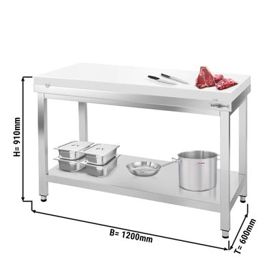 Radni stol od plemenitog čelika PREMIUM - 1200x600 mm - Sa donjom pločom bez poleđine uklj. ploču za rezanje 