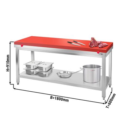 Radni stol od nehrđajućeg čelika PREMIUM - 1800x600 mm - Sa podnom pločom bez poleđine uklj. ploču za rezanje 