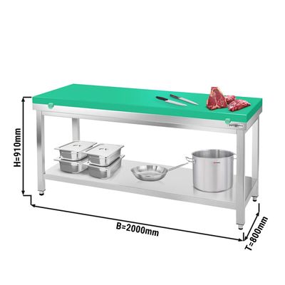 Radni stol od plemenitog čelika PREMIUM - 2000x800 mm - Sa donjom pločom bez poleđine uklj. ploču za rezanje 
