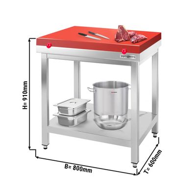 Radni stol od nehrđajućeg čelika PREMIUM - 800x600 mm - Sa podnom pločom bez poleđine uklj. ploču za rezanje 