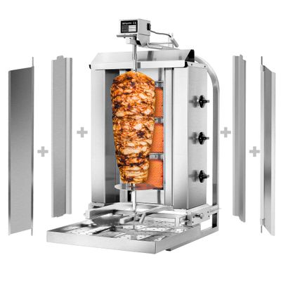 Gas Gyros-/ Dönergrill - Beweglich - 3 Brenner - max. 40 kg - inkl. 2 Schutzbleche & 2 Flügeltüren