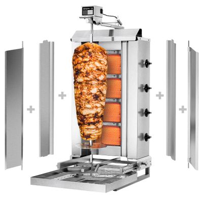 Gas Gyros-/ Dönergrill - Beweglich - 4 Brenner - max. 60 kg - inkl. 2 Schutzbleche & 2 Flügeltüren