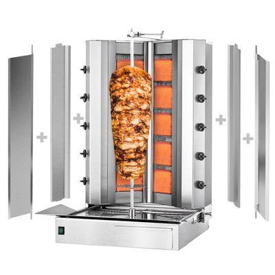 Gas Gyros-/ Dönergrill - V-Form - 5+5 Brenner - max. 120 kg - inkl. 2 Schutzbleche & 2 Flügeltüren