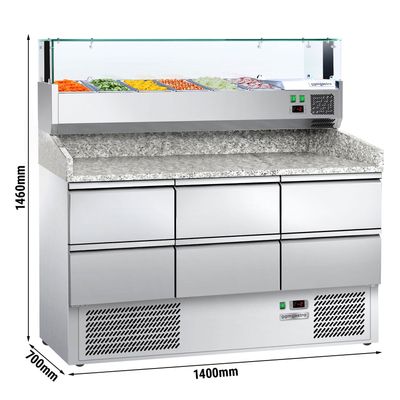 Rashladni pult za pripremu pizze ECO - 1400x700 mm - Sa 6 ladica 1/2 - Uklj. rashladnu nadograđenu vitrinu GN 1/4