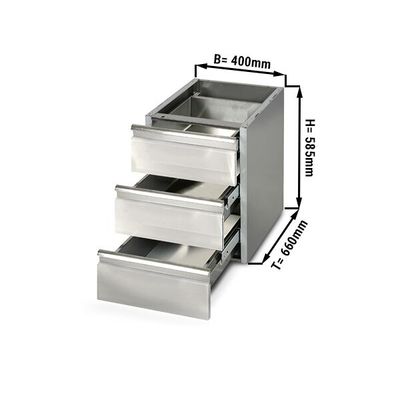 Cajón para mesa de acero Inox. PREMIUM 0,4 m - con 3 cajones - módulo de subestructura para la Acero inoxidable mesa de trabajo 700 de fondo