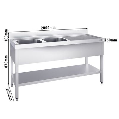 Fregadero de acero Inox. con estante inferior PREMIUM - 2,0 m - 2 fregaderos a la izquierda A 50 x P 40 x A 25 cm